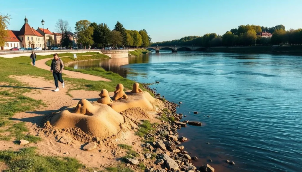 Generate an image of a serene walk along the Otava River in Pisek, Czechia, with scenic views and sand statues.