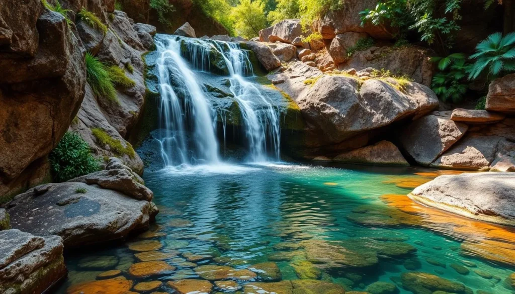 Generate an image of a serene waterfall cascading down rocky outcrops into a natural pool, surrounded by lush greenery.