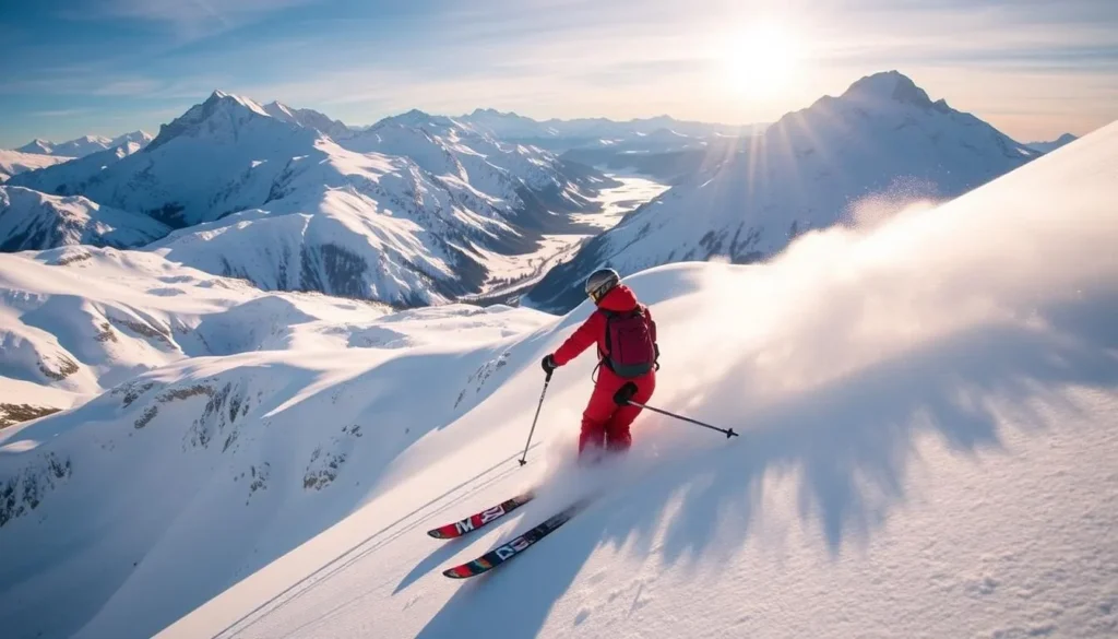 Generate an image of a skier enjoying heli-skiing in the Cariboo Chilcotin Coast.