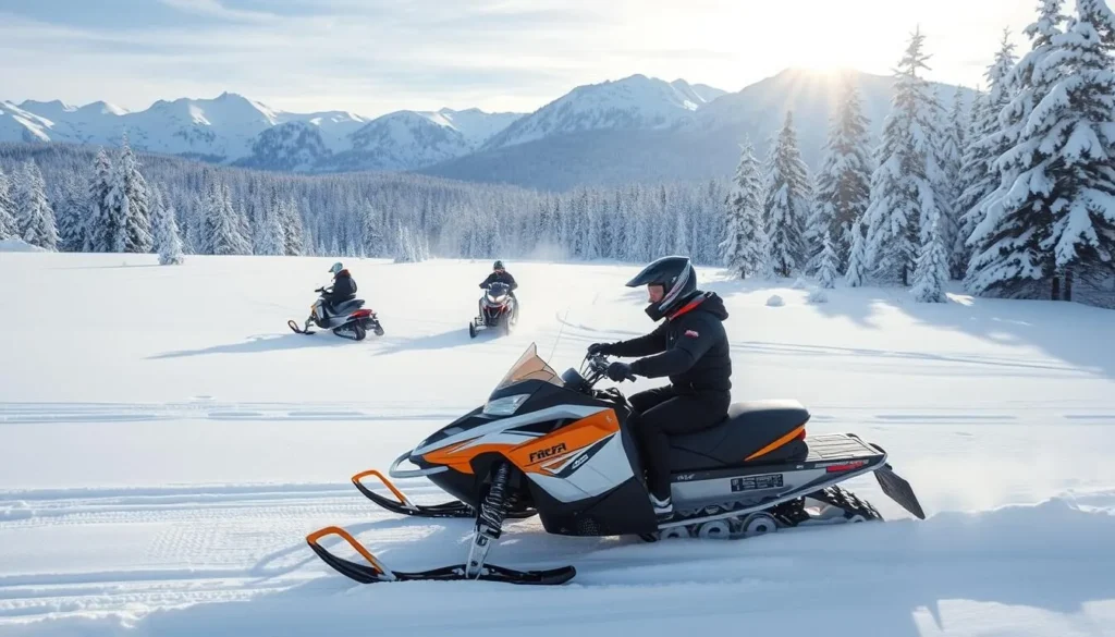 Generate an image of a snowy Stora Sjofallet landscape with snowmobiles in action.