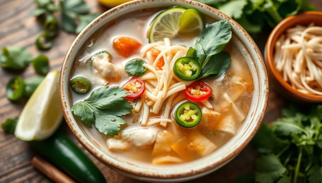 Generate an image of a steaming bowl of pho with various toppings