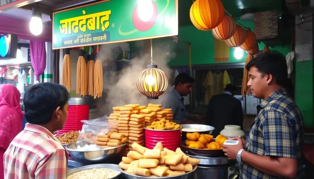 Generate an image of a street food stall in Sambalpur serving local delicacies like 'bara' and 'alu tikki'.