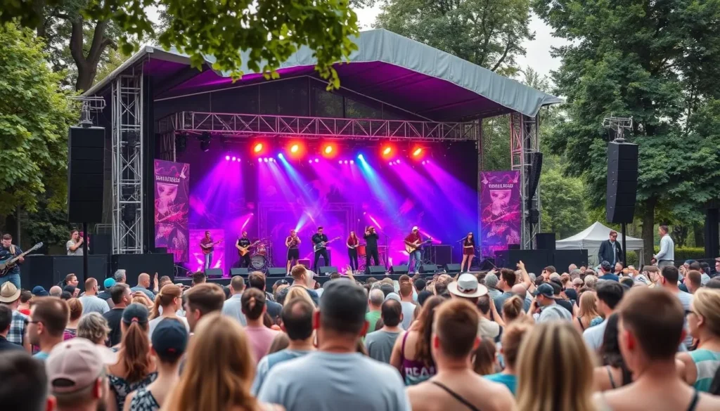 Generate an image of a summer concert in a Vilnius park, featuring a diverse range of music performances.