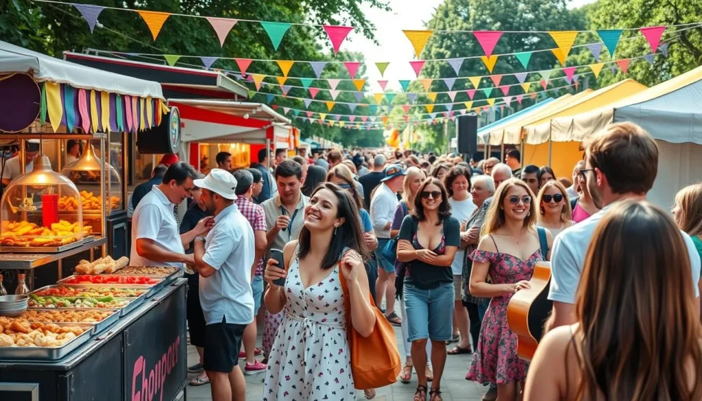 Generate an image of a summer festival in Barnet with people enjoying live music and food stalls.