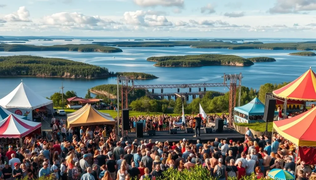 Generate an image of a summer music festival in the Finnish Archipelago