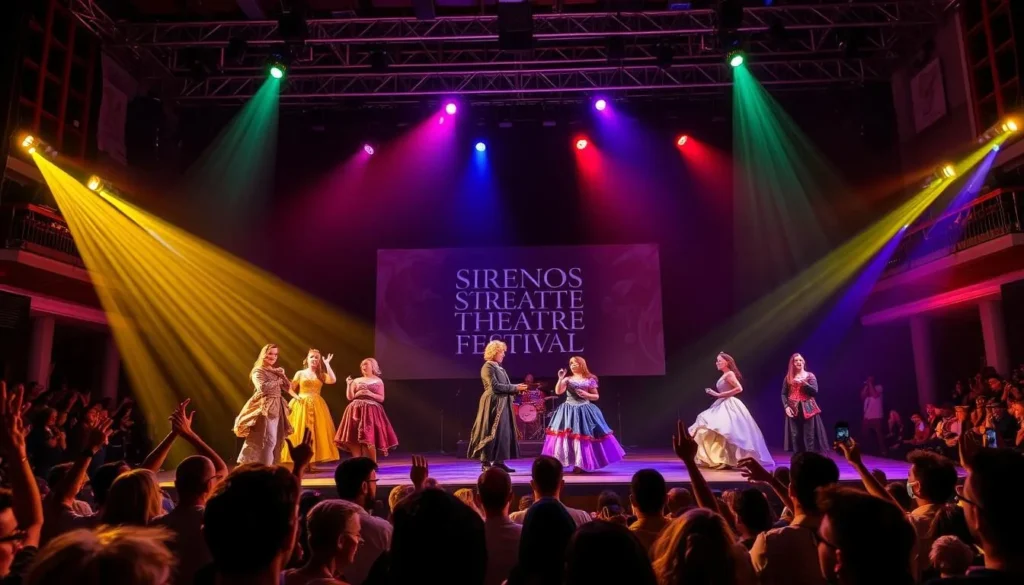 Generate an image of a theatrical performance at the Sirenos International Theatre Festival.