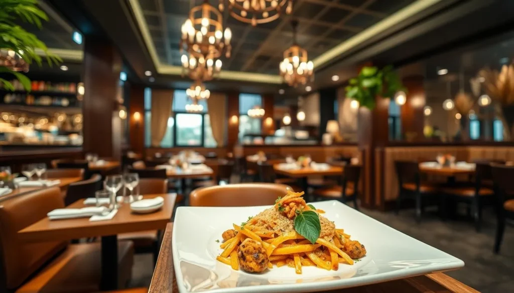 Generate an image of a top-rated restaurant in Navi Mumbai, showcasing its ambiance and signature dish.