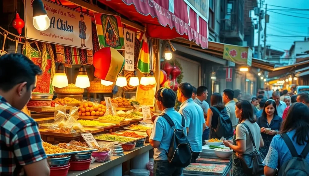 Generate an image of a traditional Chilean food stand with people enjoying local cuisine.