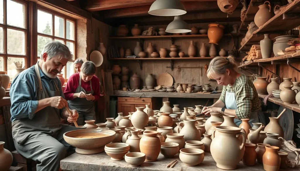Generate an image of a traditional Czech pottery workshop with artisans at work.