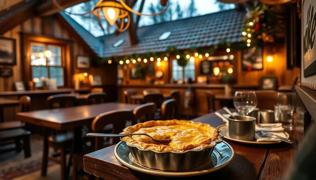 Generate an image of a traditional Karelian pie being served at a cozy pub in Koli village.