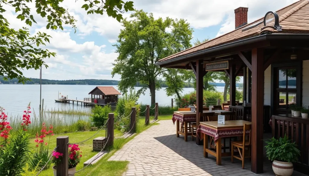 Generate an image of a traditional Lithuanian restaurant in Zarasai with a lakeside view.