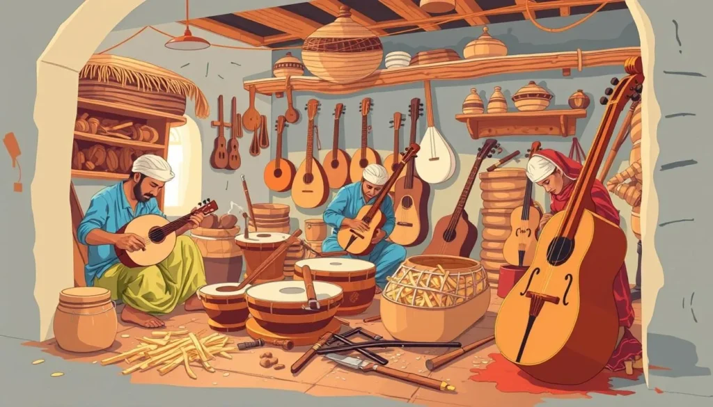 Generate an image of a traditional Miraj musical instrument workshop.