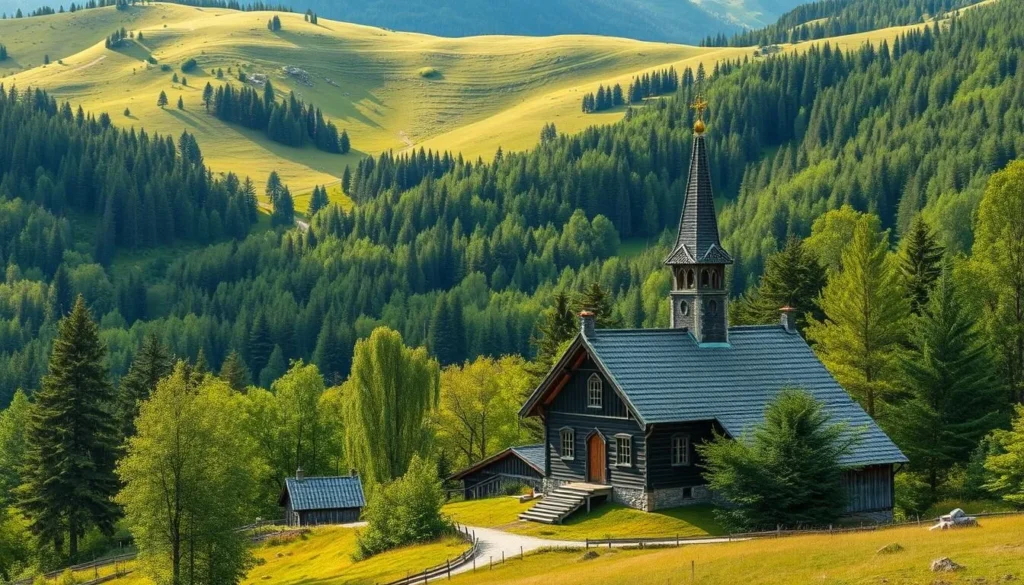Generate an image of a traditional Norwegian stave church surrounded by lush green forests and rolling hills.