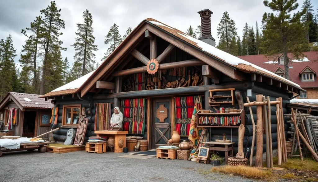 Generate an image of a traditional Sámi handicraft shop in Inari, Finland.