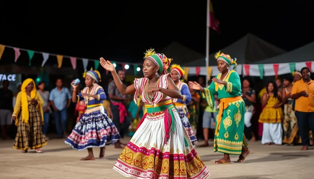 Generate an image of a traditional Socotri dance performance during the Socotra Cultural Festival, with locals dressed in vibrant attire.