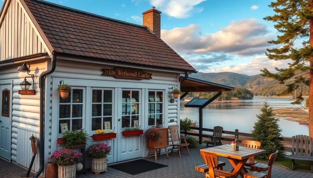 Generate an image of a traditional Swedish café near Tiveden National Park.