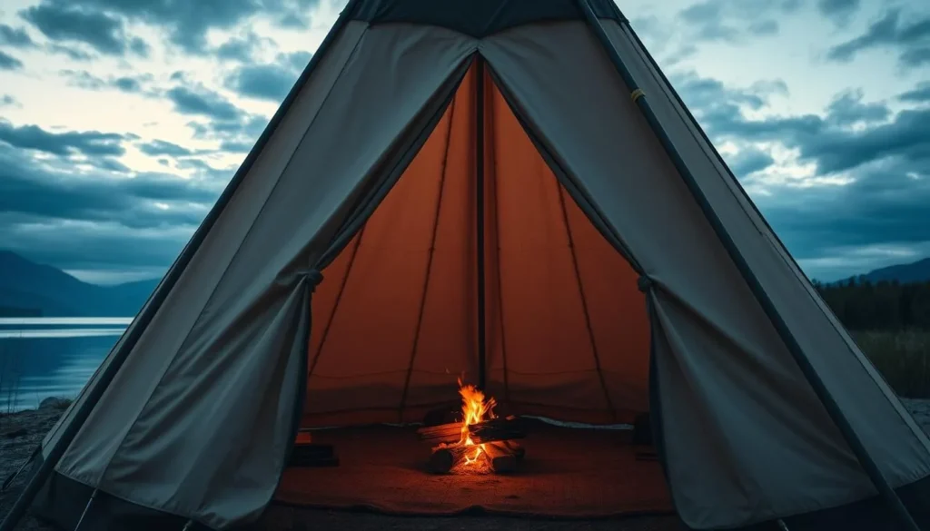 Generate an image of a traditional Tipi tent by Lake Hornavan with a fire burning inside.