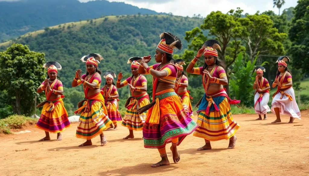 Generate an image of a traditional tribal dance performance in Araku Valley, showcasing the vibrant costumes and energetic movements.