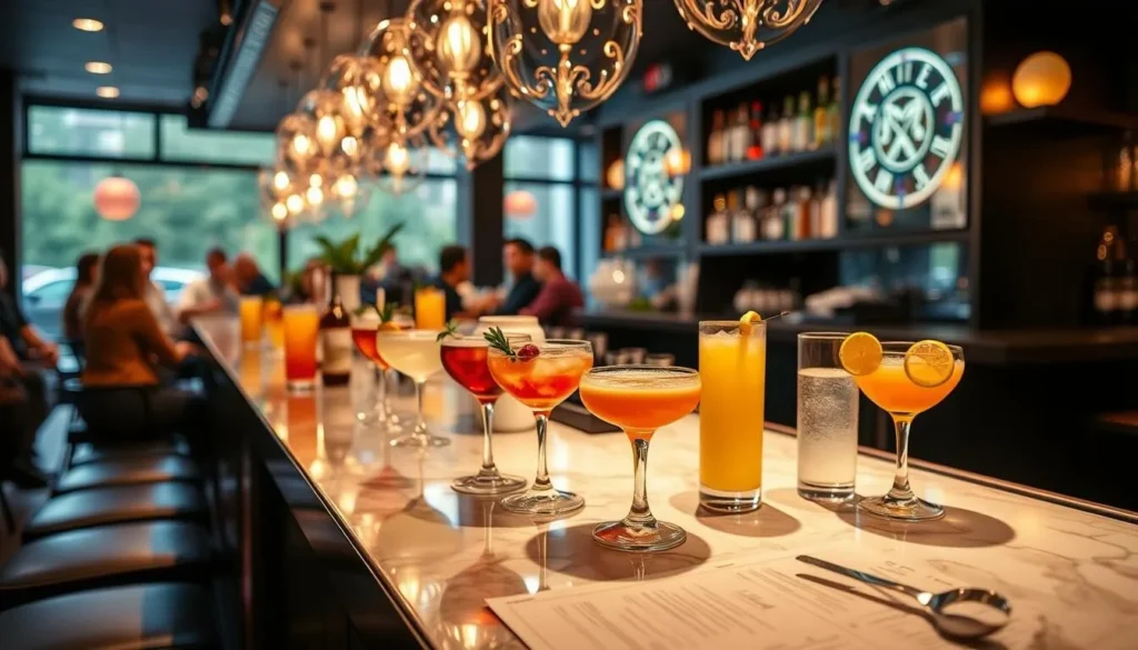 Generate an image of a trendy bar in Bergen with a variety of cocktails on the menu.