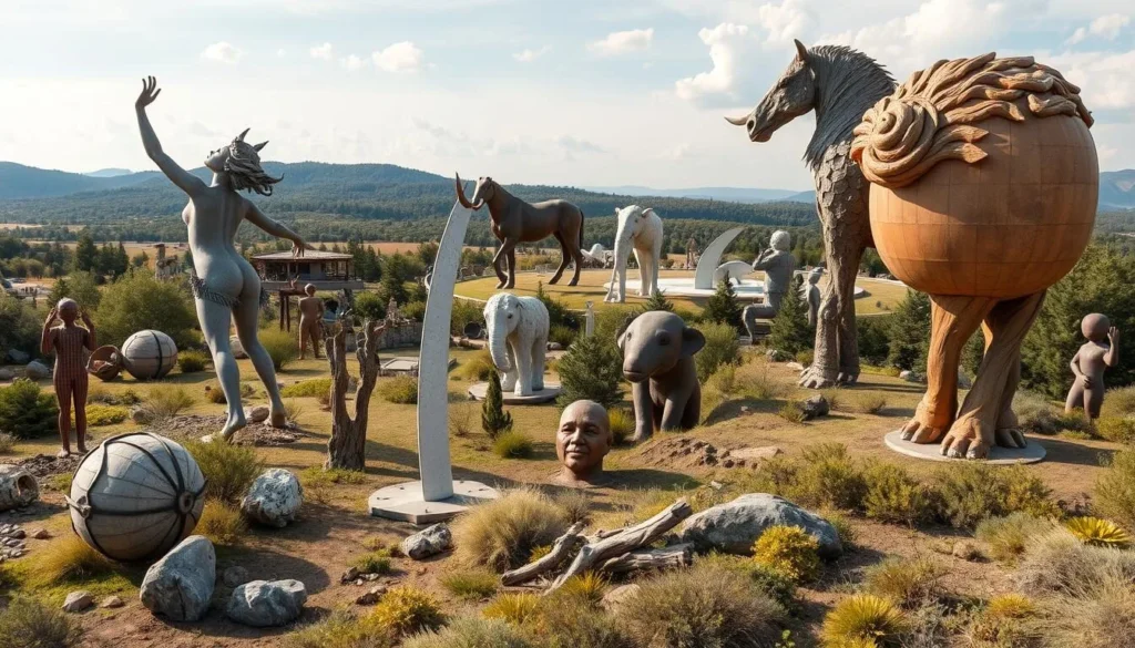 Generate an image of a vast landscape with numerous large sculptures