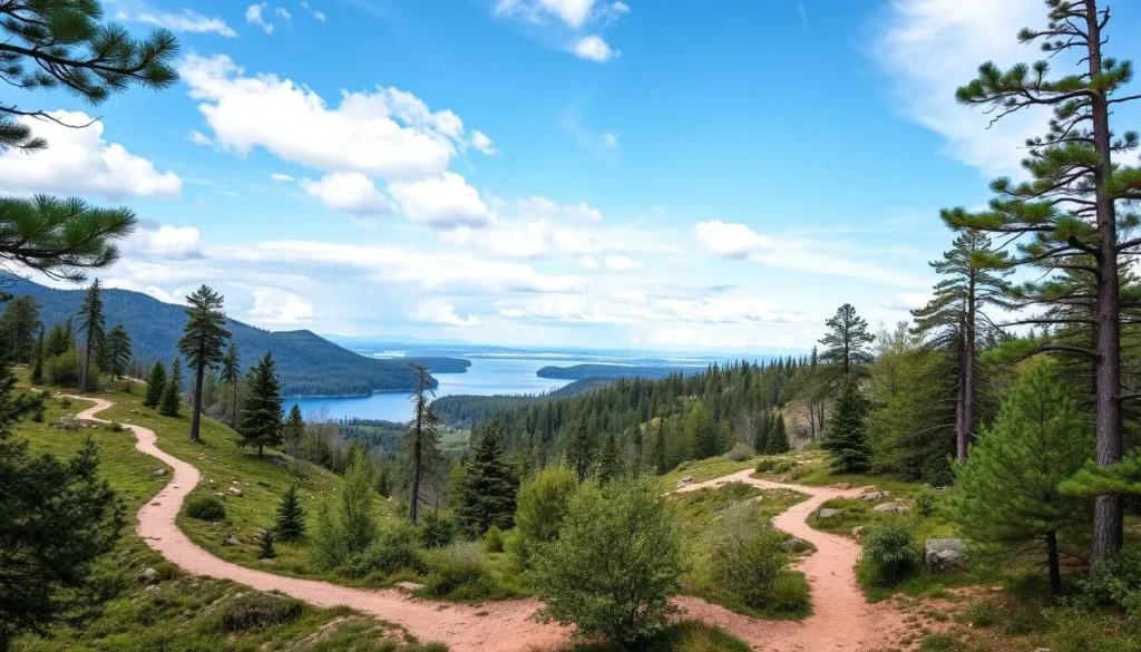 Generate an image of a vast state park with hiking trails and a lake