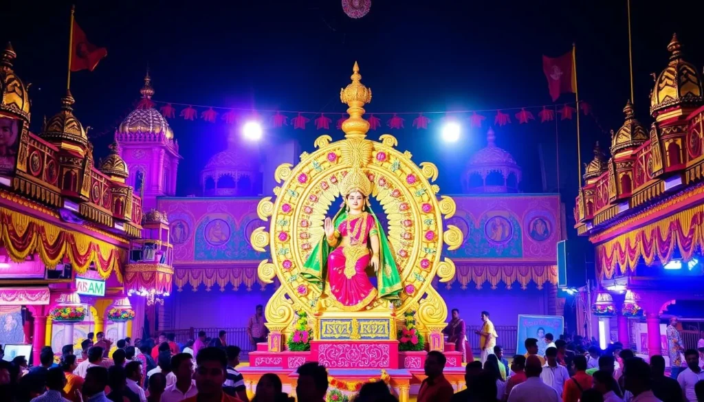 Generate an image of a vibrant Durga Puja pandal in Kamarhati, showcasing intricate decorations and a majestic Durga idol.
