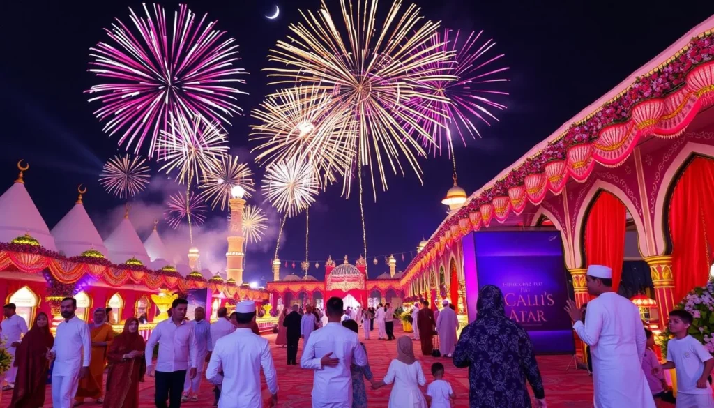 Generate an image of a vibrant Eid celebration in Qatar, with fireworks and cultural performances.