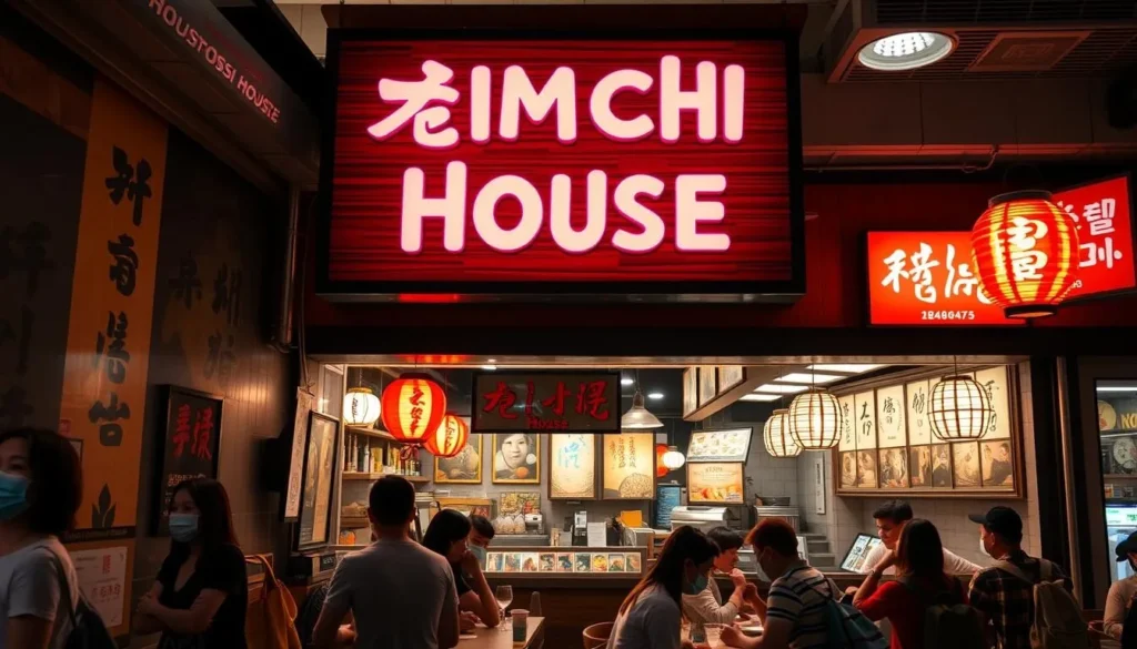 Generate an image of a vibrant Korean restaurant in Brasilia, with a sign reading "Kimchi House" and a bustling atmosphere.