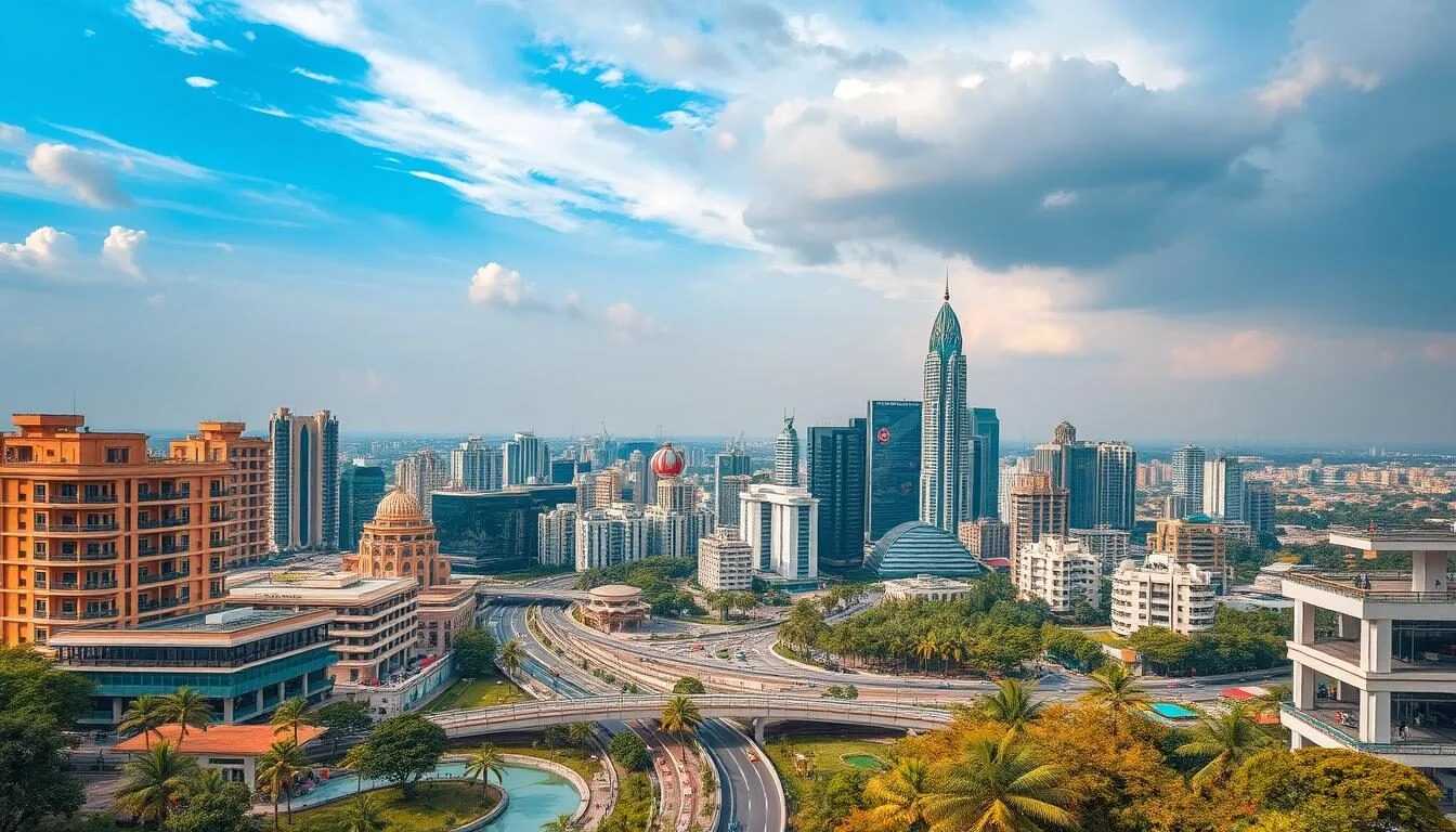 Generate an image of a vibrant Noida cityscape with a mix of modern and natural attractions.