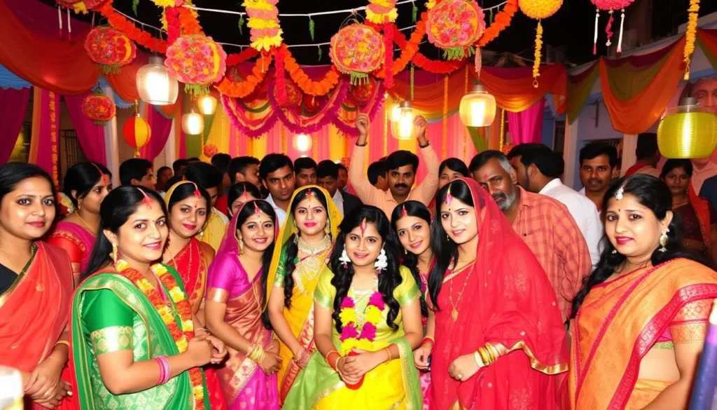 Generate an image of a vibrant Teej Festival celebration in Chandigarh, with people dressed in traditional attire.