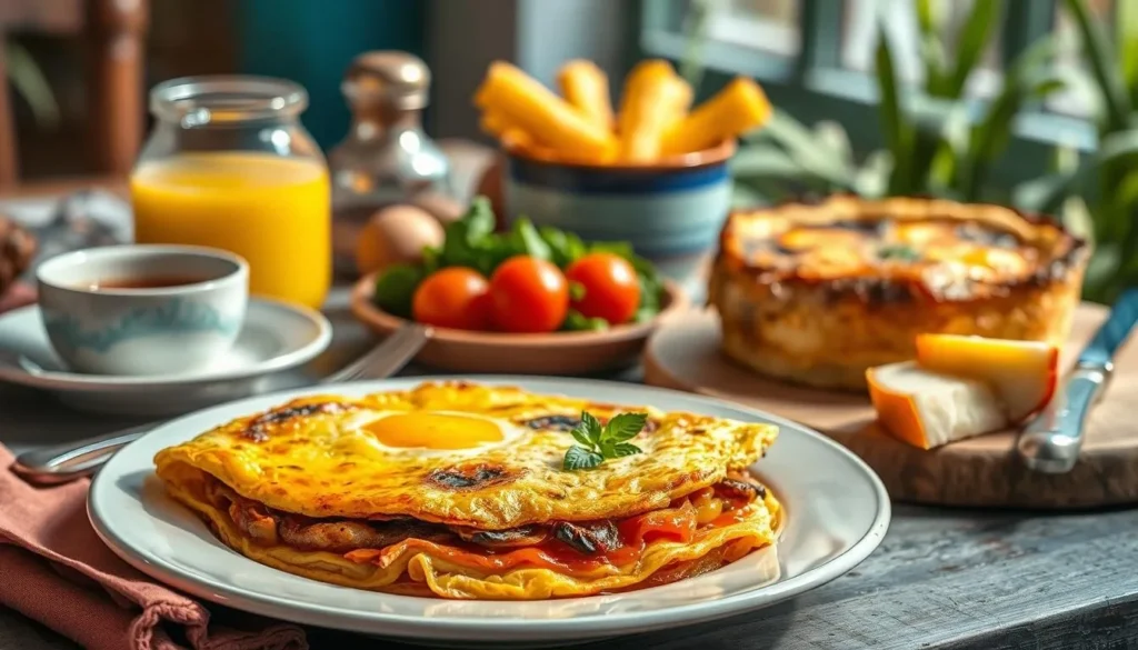 Generate an image of a vibrant breakfast scene with Spanish-inspired dishes, including a Spanish omelette and pisto manchego.