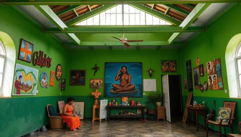 Generate an image of a vibrant cultural center in São Luís, Brazil, showcasing local art and creativity.