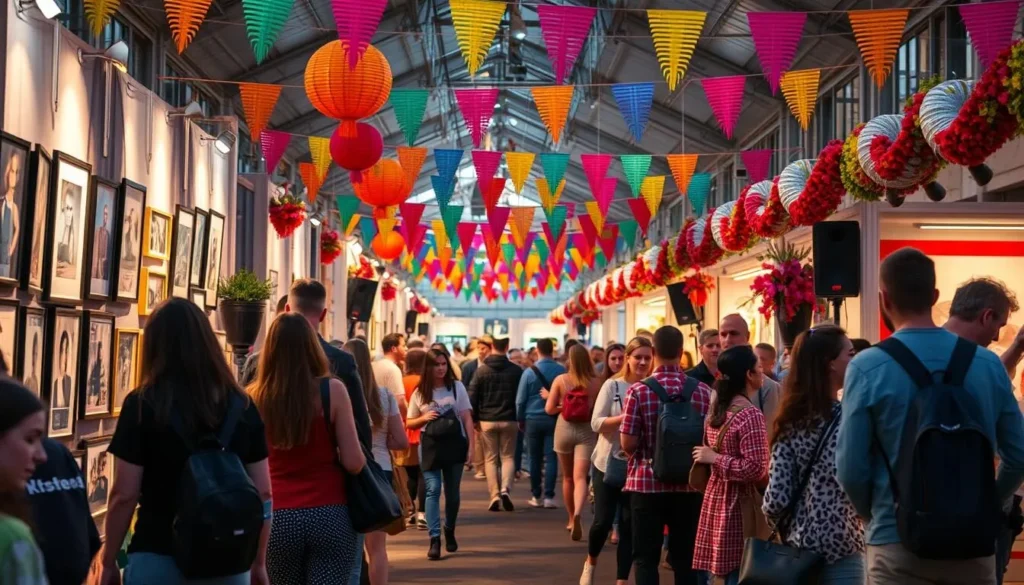 Generate an image of a vibrant cultural festival in Kaunas, with people enjoying art exhibitions and performances.