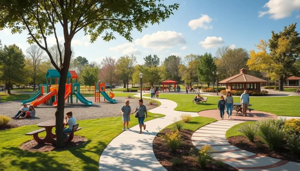 Generate an image of a vibrant family-friendly park with playgrounds, picnic areas, and walking paths.