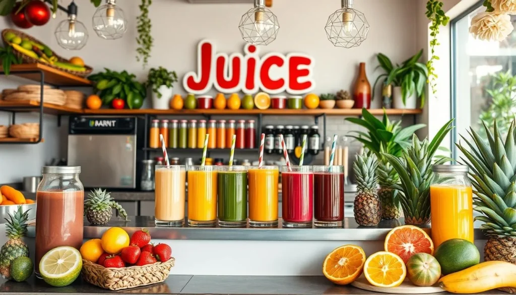 Generate an image of a vibrant juice bar in Brasilia with a variety of colorful juices and smoothies.