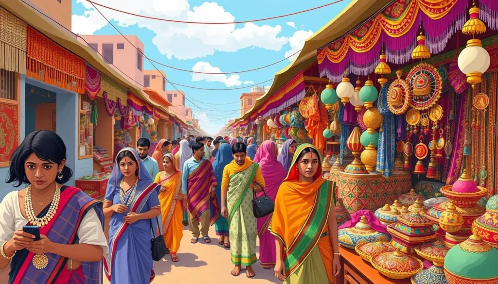 Generate an image of a vibrant market scene in Rampur, Uttar Pradesh, with shoppers browsing through stalls selling traditional jewelry, embroidered textiles, and local handicrafts.