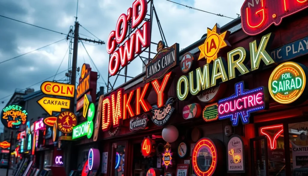 Generate an image of a vibrant neon sign display at God's Own Junkyard in Walthamstow.