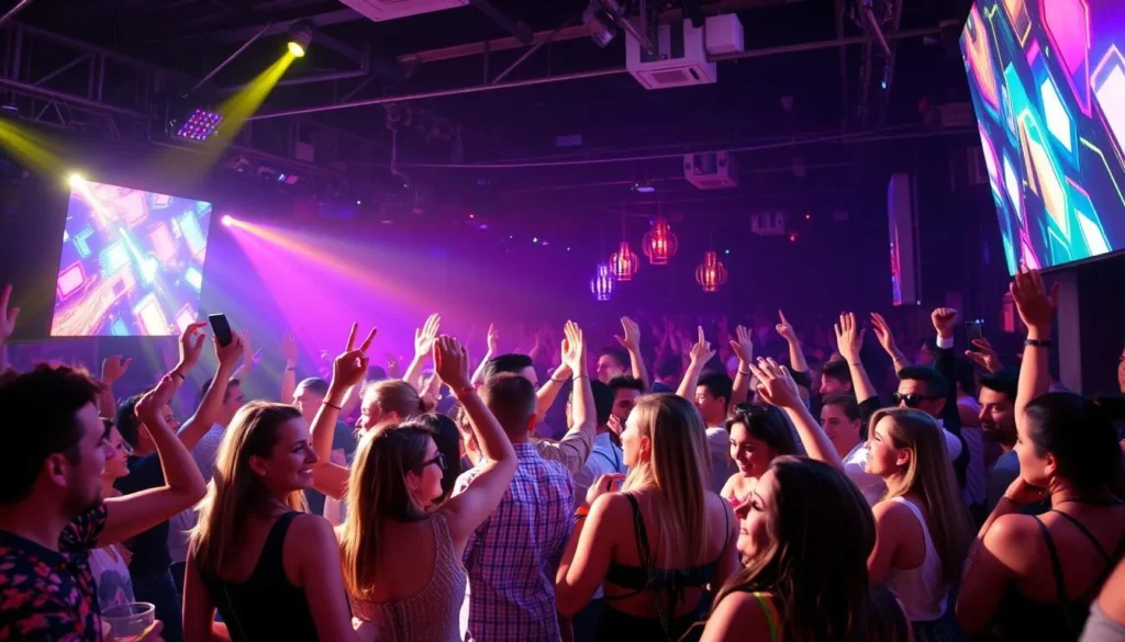 Generate an image of a vibrant nightlife scene with people dancing and having fun.