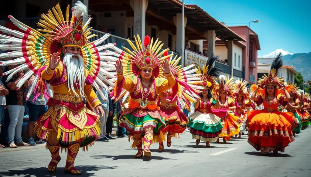 Generate an image of a vibrant parade with dancers in elaborate costumes representing Andean deities and folklore.