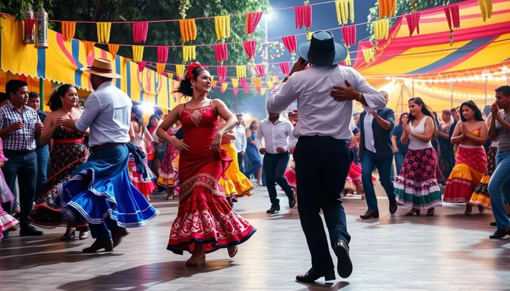Generate an image of a vibrant salsa dance performance during the Feria de Cali.