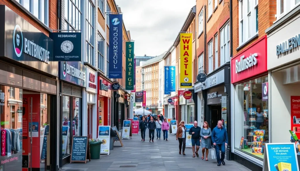 Generate an image of a vibrant shopping street in Redbridge, London, featuring a mix of modern and traditional shops.