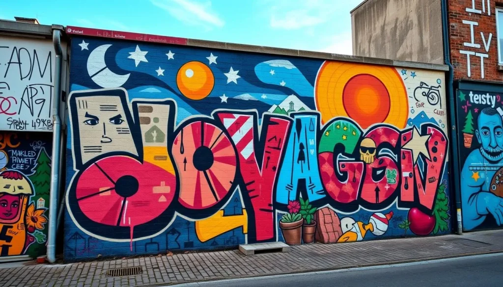 Generate an image of a vibrant street art mural in Stavanger, Norway.