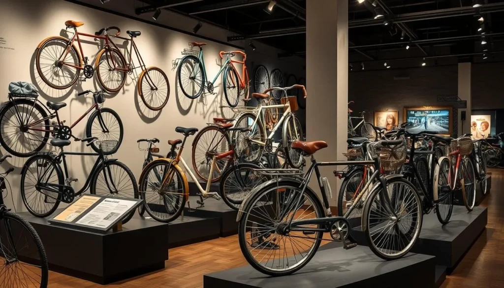 Generate an image of a vintage bicycle exhibit in a museum setting.