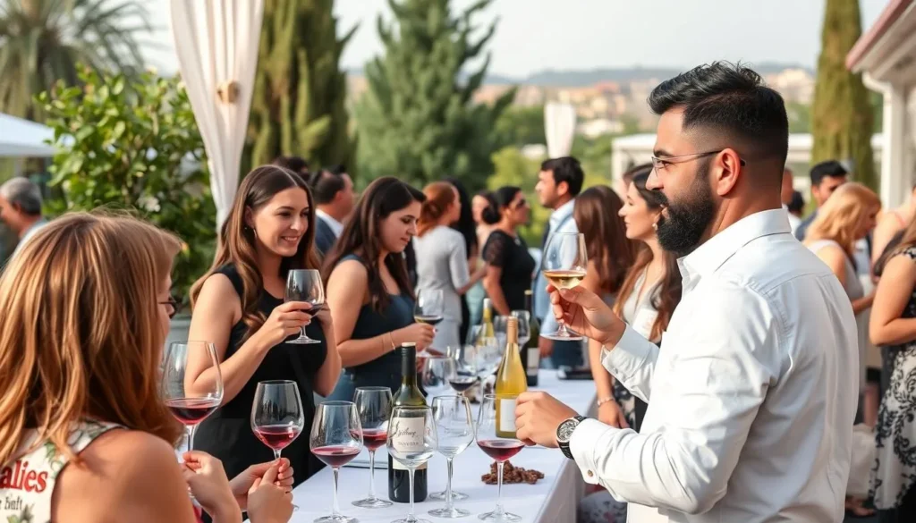 Generate an image of a wine tasting event at Vinifest with participants sampling Lebanese wines.