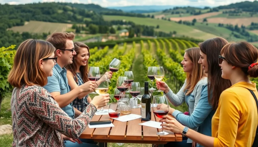 Generate an image of a wine tasting tour in Mikulov, featuring a group of people sampling wine in a vineyard setting.