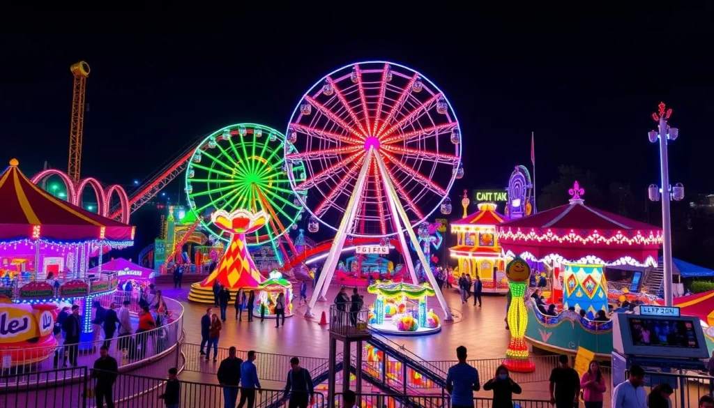 Generate an image of an amusement park in Karaj or nearby Tehran, featuring roller coasters and other thrilling rides.