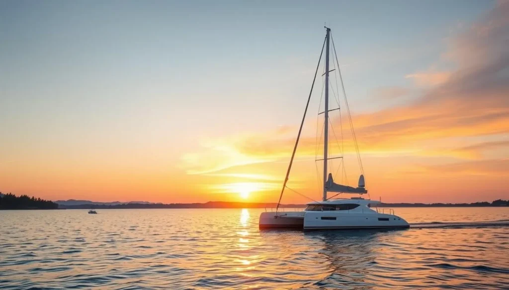 Generate an image of an electric-hybrid catamaran sailing on Lake Inari during a serene summer evening.