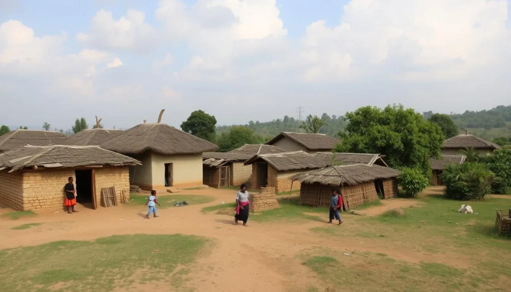 Generate an image of an indigenous village near Totness, featuring traditional housing and local inhabitants.