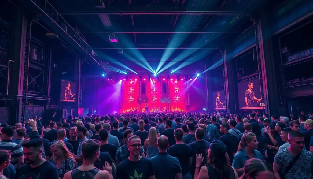 Generate an image of an industrial music festival with dark electro lights and a crowd of people dressed in industrial attire.