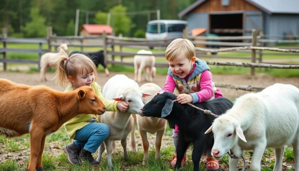 Generate an image of children interacting with farm animals at a local farm near Espoo, Finland.